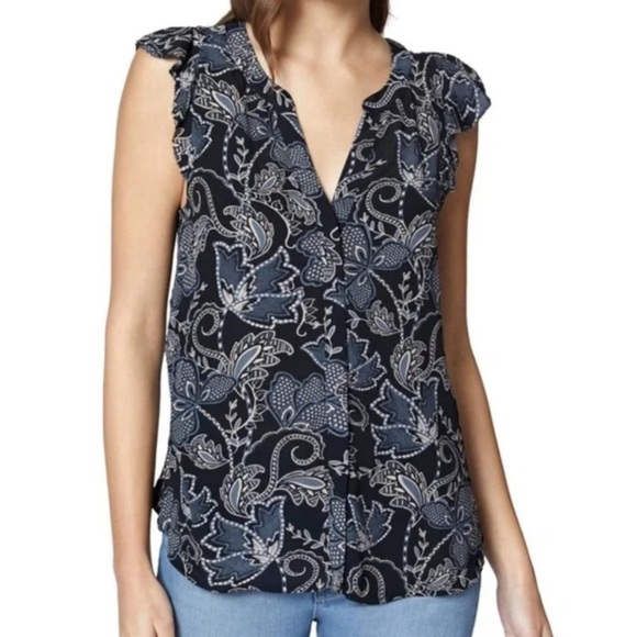 ❤️ SANCTUARY Black Blue Floral Ruffled Sleeveless Top Blouse Paisley Sleeve - Picture 1 of 7